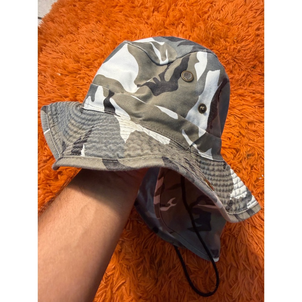 S.W. Camo Bucket Hat with Neck Flap Mens Grey White Camouflage Boonie Sun Hat XL